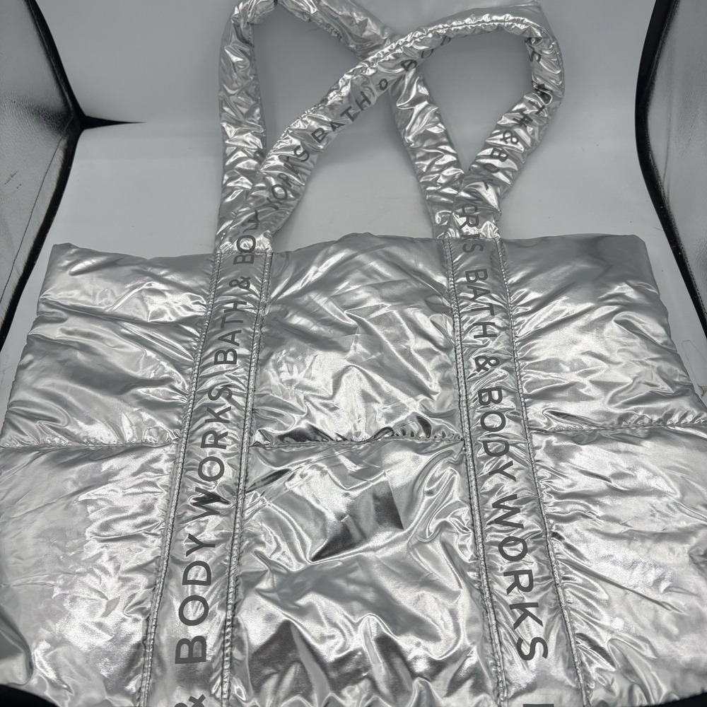 Bath &‎ Body Works Tote Bag 2024 Black Friday Large Silver Shiny Puffer